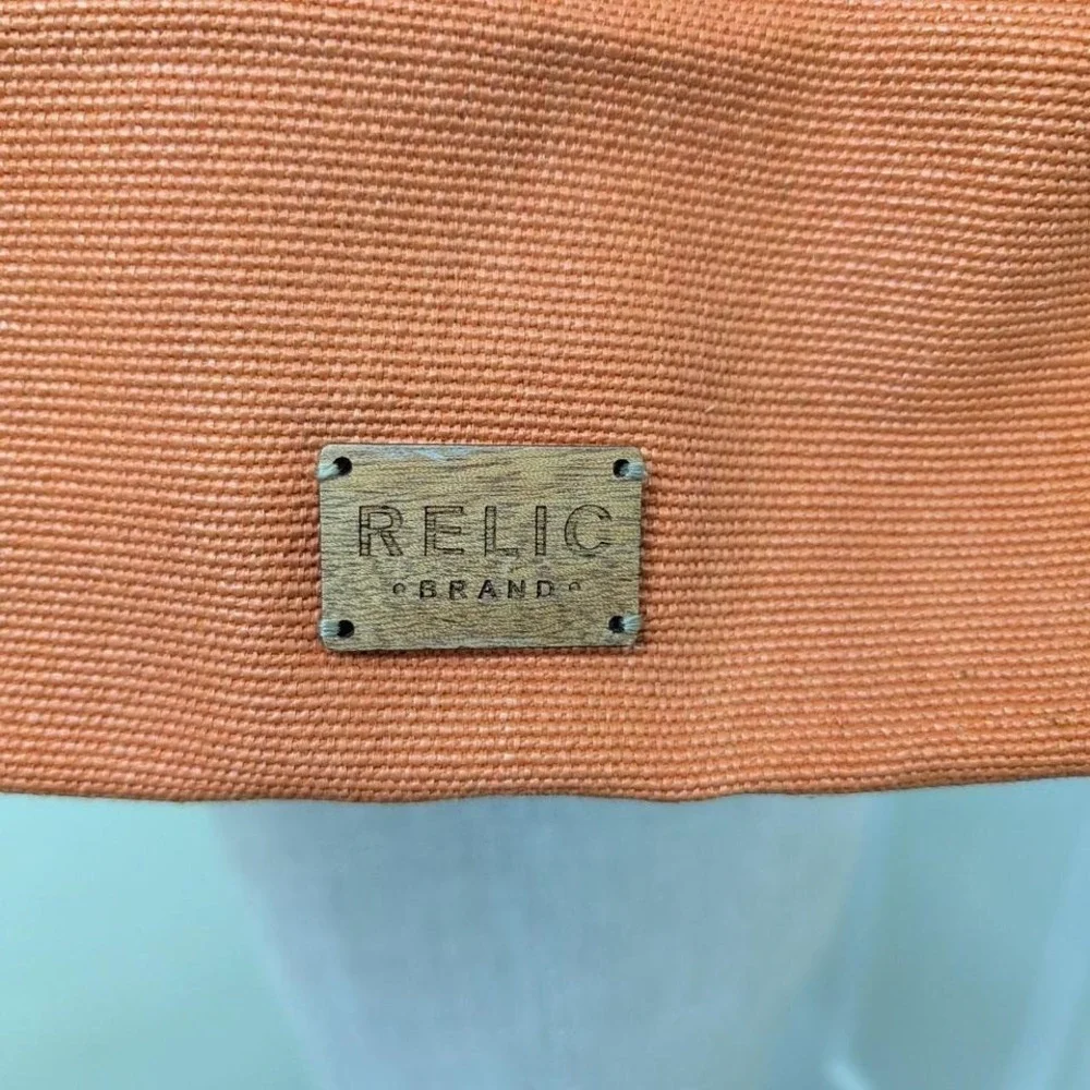 Relic orange‎ canvas purse with brown leather trim and colorful fabric